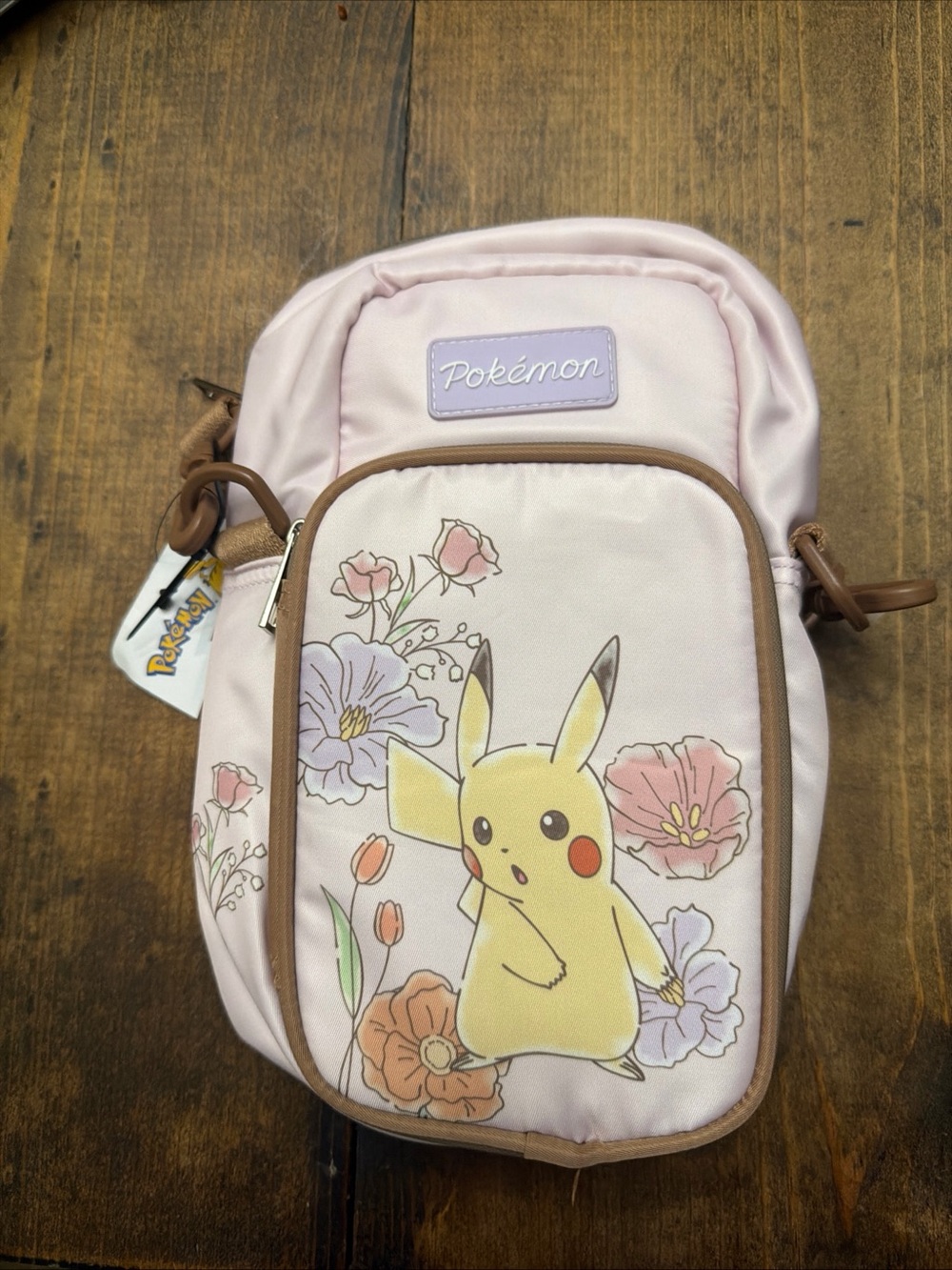 Pokemon Pink Pikachu Floral Kids Crossbody Bag with Brown Trim NWT